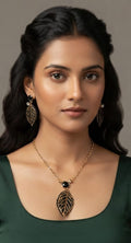 AuraValley Gold & Black Filigree Leaf Pendant Necklace & Drop Earrings Set